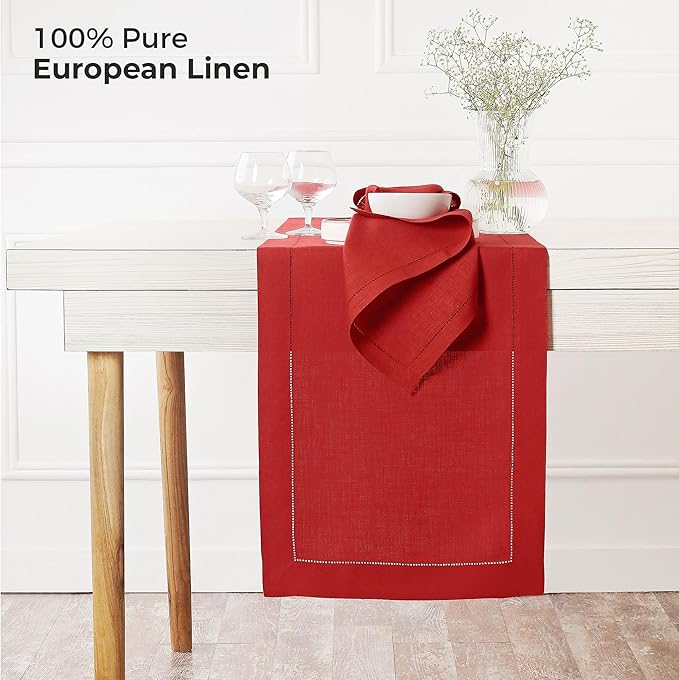 D'Moksha Homes Linen Bright Red Table Runner 108 Inches Long - 100% Pure Linen 14 x 108 Inch Table Runner for Valentines, Spring, Easter - Classic Hemstitch