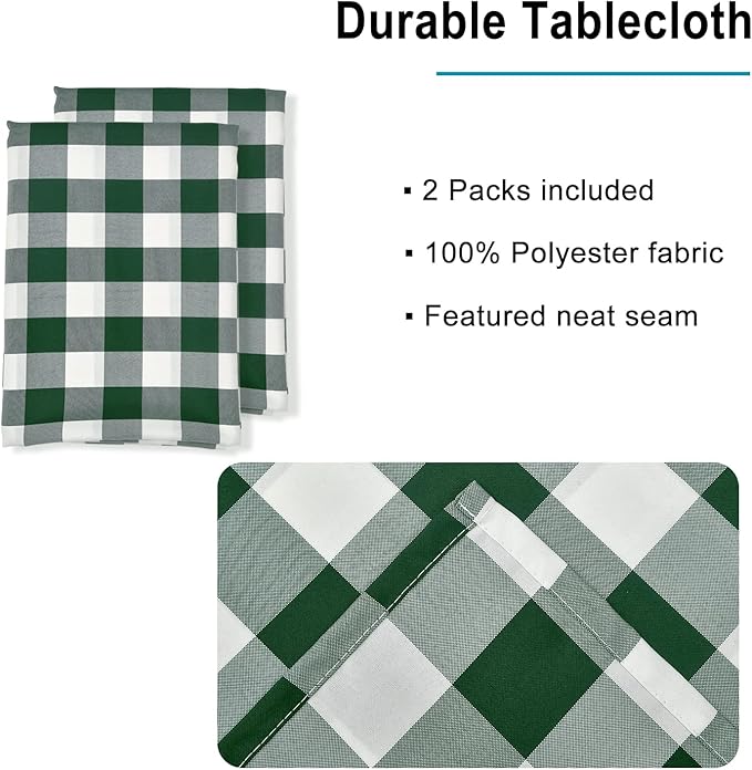Hiasan Christmas Plaid Tablecloth Waterproof, 2 Pack, 60 x 120 inch - Checkered Table Cloth Rectangle for Holiday/Spring Party/Outdoor Picnic/Kitchen, Forest Green and White