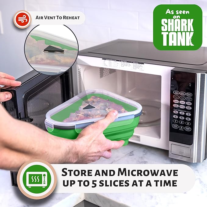 The Perfect Pizza Pack™ - Reusable Pizza Storage Container with 5 Microwavable Serving Trays - BPA-Free Adjustable Pizza Slice Container to Organize & Save Space, Green