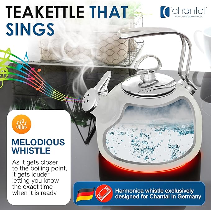 Chantal Classic Teakettle, 1.8 QT, Enamel On Steel, 2-Tone Harmonica Whistle, Rapid Boil and Even Heating (White)