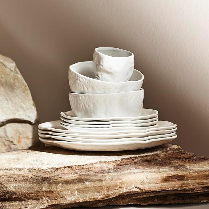 Stone by Mercer Project Atik Modern Stoneware 16-Piece Dinnerware Set, Plate and Bowl Set, Dish set for 4, White