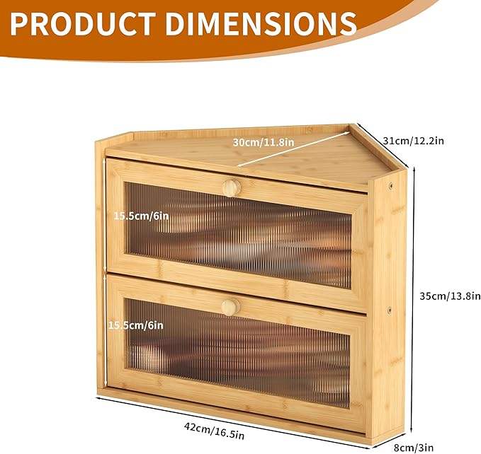 2 Tier Bread Box,Natural Bamboo Two Tier Bread Box with View Window, Handmade Sandwich Bread Keeper for Kitchen Countertop, Space Saving Storage Cabinet for Home Bakery in Corner Design