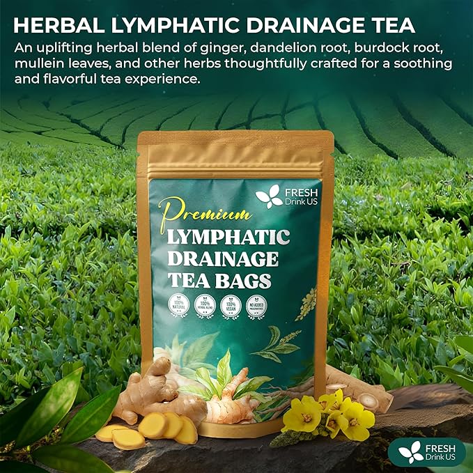 FreshDrinkUS, Lymphatic Drainage Tea | 75 Tea Bags | Herbal Tea Bags with Ginger, Dandelion Root, Burdock Root, Mullein, Calendula, Lemongrass, Rose, Licorice & Tulsi – Caffeine-Free Herbal Blend