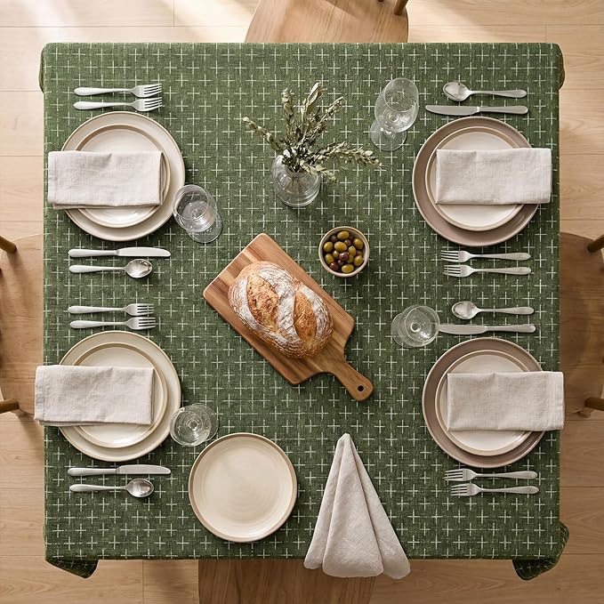 Horaldaily Olive Green Rectangular Table Cloth, Cross-Star Solid Textured Embroidery Tablecloth, Wrinkle Free Washable 60×84 Inch Table Cover for Kitchen, Party, Wedding, Picnic, Outdoor