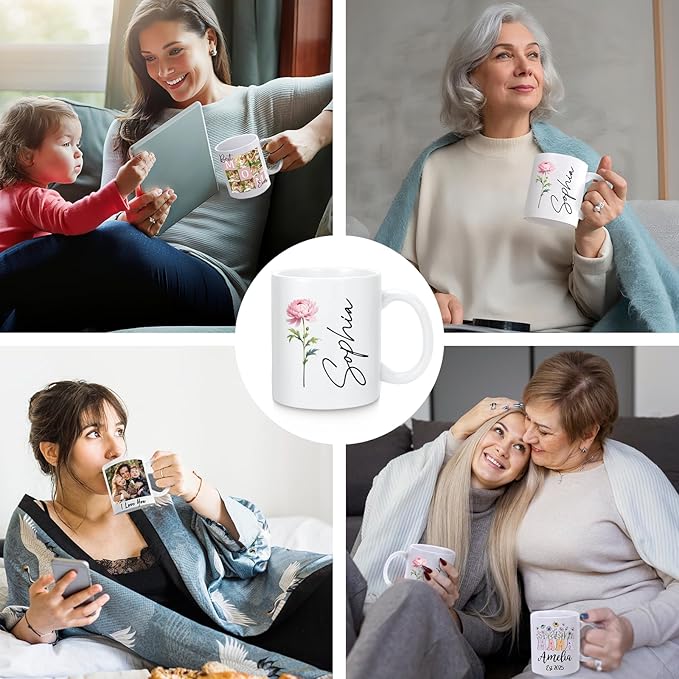 Custom Christmas Coffee Mug Gifts for Mom,11oz Personalized Ceramic Mama Cup with Photo Text & Birth Flower, Customized Birthday Gift for New Moms (Mom-6 Photos)