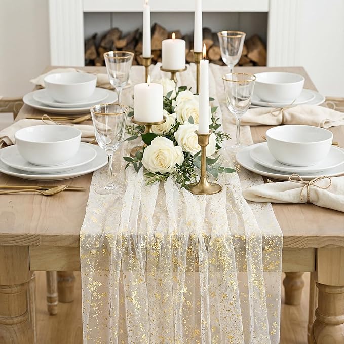 Artoid Mode Beige Gold Gauze Table Runner 59x120 Inch 10FT, Glitter Metallic Foil Sheer Dining Wedding Anniversary Holiday Birthday Table Decor for Home Party
