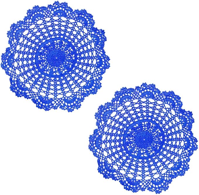 BIBITIME 2PCS Lace Table Doilies Kitchen Placemats Round Handmade Crochet Flower Cup Mug Mat Doily (15 inches to 16 inches,2PCS, Blue)