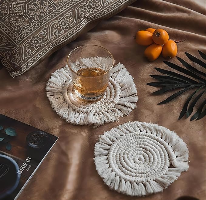 Boho Coasters Set of 2, Handmade Macrame Placemats for Housewarming Gift Home Decor Desk Table Kitchen Dining Room, Bar Drink Coaster for Mugs and Cups (Round, White)