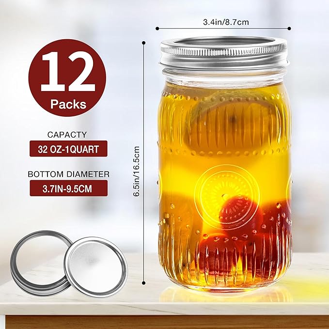 Amzcku 32oz Vintage Mason Jars with Lids, Wide Mouth Quart Canning Jar 12 Pack
