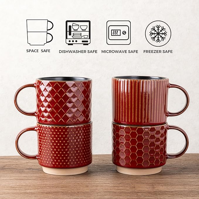 GBhome 6 OZ Stackable Coffee Mugs, Ceramic Coffee Mugs with Texture Patterns for Man,Woman,Dad,Mom, Modern Coffee Cups Set of 4 for Espresso/Cappuccino/Cocoa. Dishwasher&Microwave Safe,Red