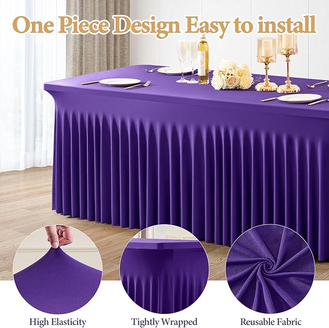 6 Packs Purple Spandex Table Covers 8 Foot, Fitted Stretch Table Cloth with Skirts 96x30 Inch, Wrinkle-Free Floor Length Rectangle Tablecloths for Trade Show Weddings Parties Banquets Events