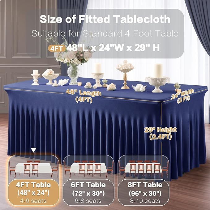 2 Packs Navy Blue Spandex Table Clothes for 4 Foot Rectangle Tables - Stretch Covers 4FT Skirts for Event, Wedding, Banquet & Parties - Wrinkle Free Fitted
