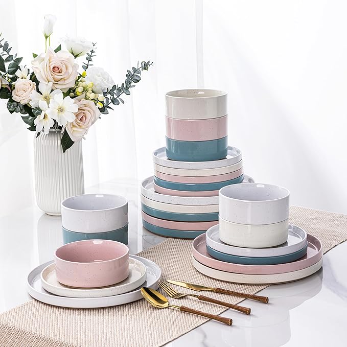 AmorArc Ceramic Dinnerware Set for 4 | Handpainted Stoneware Plates and Bowls with Rustic unglazed terracotta | Scratch Resistant, Dishwasher & Microwave Safe Dishes Sets- 12-Pcs Colorful