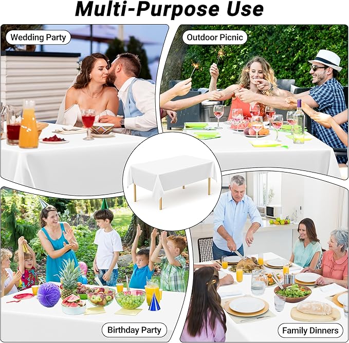 QZYL 2 Pack Picnic Table Cover, 108 x 54 Inches White Tablecloth for Rectangle Table, Disposable Tablecover Plastic Tablecloth Party TableCloths, Birthday Party Decorations Wedding Decor
