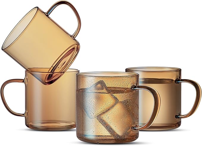 LUXU 4pcs Set Simple Glass Coffee Mugs-Hand Blown&Seamless Design,14 oz Amber Coffee Cups-Heat Resistant and Explosion-Proof,Lightweight Tea Mugs with Anti Scald Handle Ideal for Home,Cafe,Coffee Bar