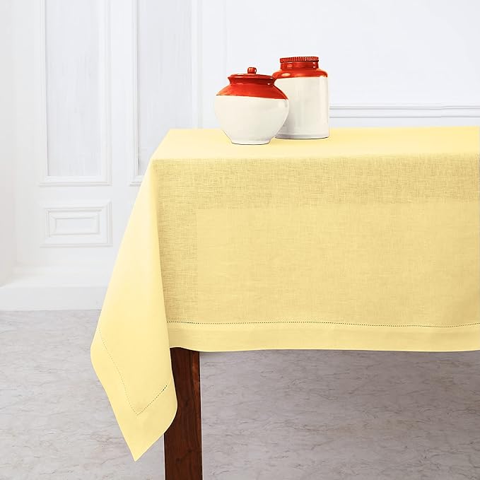 Solino Home Yellow Linen Tablecloth 54 x 72 Inch - Classic Hemstitch, 100% Pure Linen Rectangular Tablecloth - Machine Washable Table Cloth for Valentines, Spring, Easter