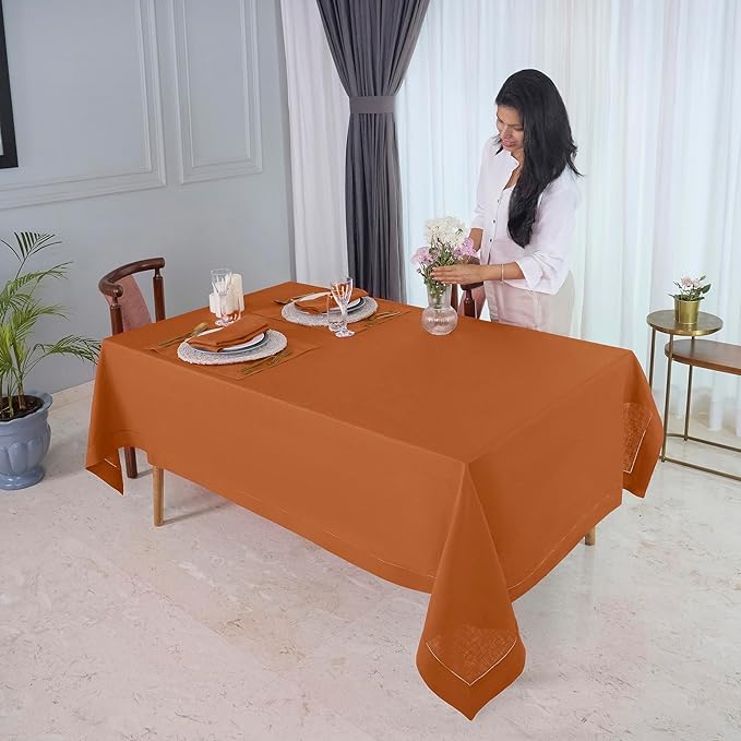 D'Moksha Homes Rust Linen Tablecloth for Rectangle Tables 60 x 132 Inch - 100% Pure Linen Rust Table Cloth - Classic Hemstitch, Machine Washable Dining Tablecloth for Spring, Easter