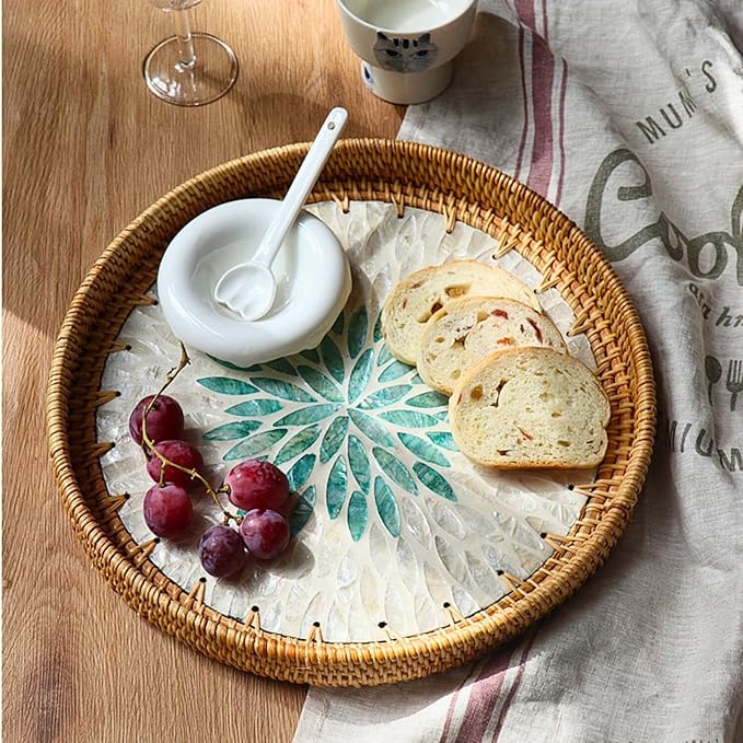 14" Large Rattan Serving Tray with Mother of Pearl, Round Coffee Table Tray Decor, Boho Decorative Hand-Woven Wicker Home Decor (Summer Green)