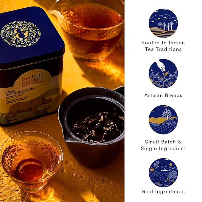 Herbs & Kettles Assam Special Reserve Tea | Single-Origin Tippy Assam Loose Leaf Black Tea | Premium Whole Leaf with Honey, Malt, Cacao & Oak Notes | Antioxidant-Rich, Supports Immunity, Focus & Digestive Health | 10–12 Servings, 20–30 Cups | Premium L...