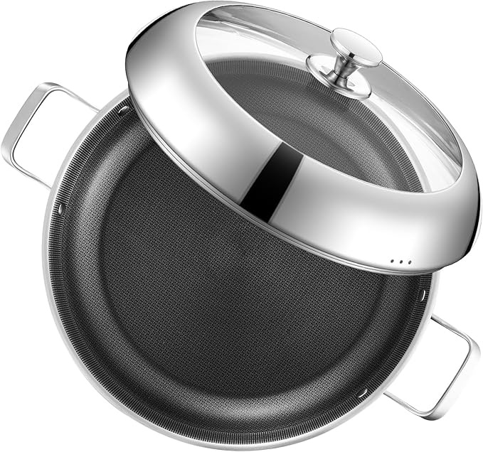 Paella Pan with Lid - 14.5" Honeycomb Tri-Ply 18/10 Nonstick Paella Pan, 12-Serving Deep Design, Oven/Dishwasher Safe 550°F, Universal Stainless Steel Skillet