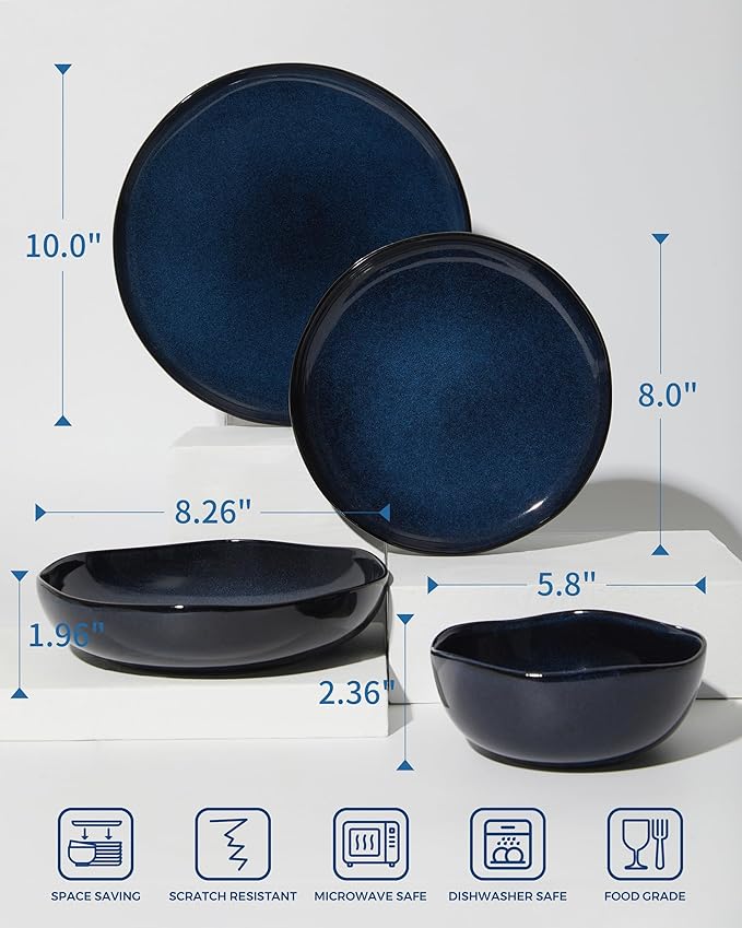24 Pieces Dinnerware Set for 6 with Pasta Bowls, Complete Ceramic Dish Set, Stackable & Glossy Stoneware Plate and Bowl Set for Effortless Everyday Hosting, Starry Blue