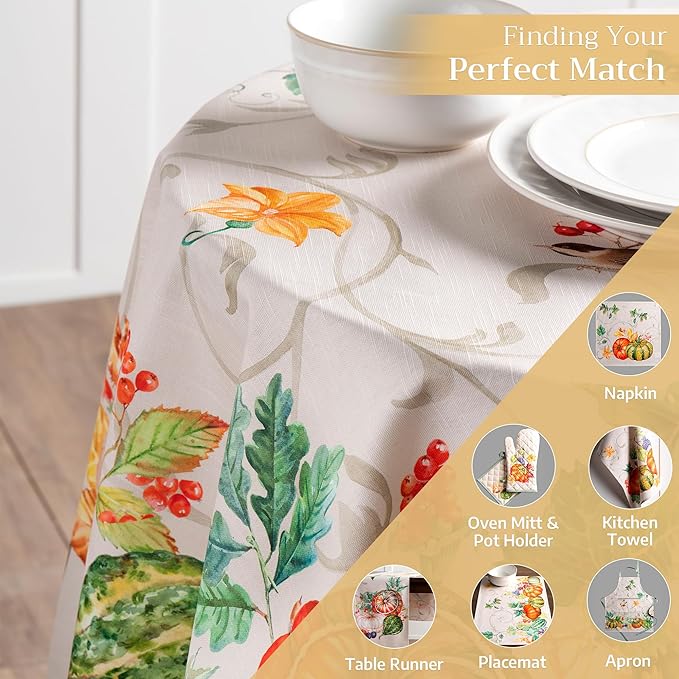 Maison d' Hermine Table Cloth Round Table 100% Cotton 63 Inches Fall Tablecloth Reusable Everyday Use for Thanksgiving Christmas Decorations Dining Farmhouse Party (Lumina)