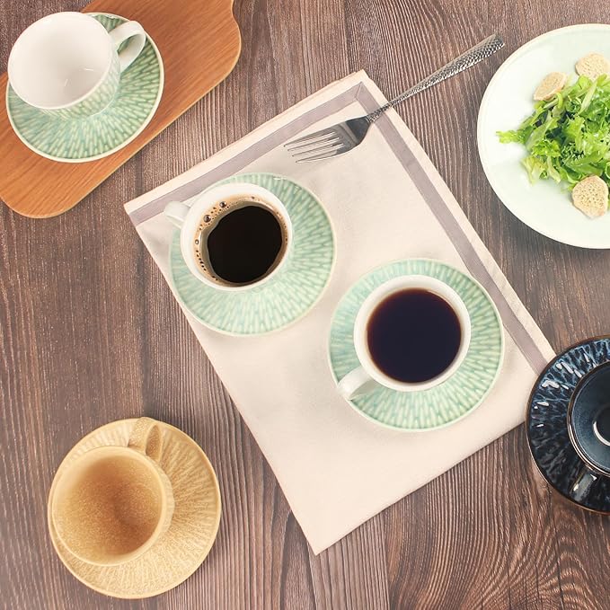Coffee Mugs Set, 6.8 Oz,Ceramic Tea Cup with saucer, Espresso Cups 8-piece, Stackable Cups, for Latte,Hot Tea,Cappuccino, Mocha, Cocoa, dishwasher & microwave safe,Agate green