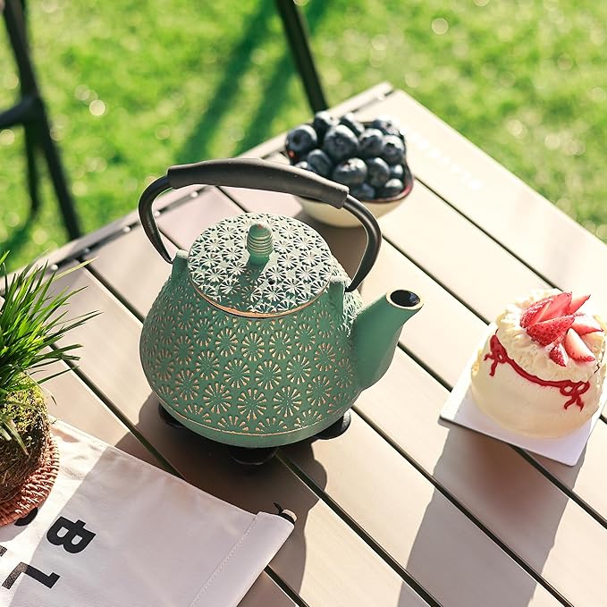 Cast Iron Teapot, 32oz Japanese Sakura Blossom Pattern Tea Kettle, Stovetop Safe, Infuser for Loose Leaf & Coffee, Silicone Handle, Enamel Interior, 950ml Green