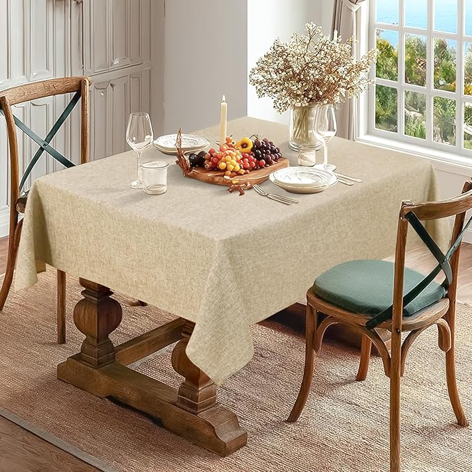 JIUZHEN Rectangle Table Cloth Faux Linen Farmhouse Tablecloth Wrinkle and Stain Resistant Decorative Fabric Table Cover for Kitchen, Dining Room, Parties and Camping, Beige, 60 x 120 Inch