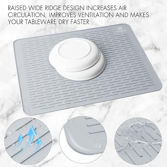 Silicone Dish Drying Mat for Kitchen Counter, Extra Large, 23” x 18” Heat Resistant, Non-Slip Design, Quick Dry, Easy Clean, Raised Edge Holds Water, BPA Free, Food Grade Silicone- Gray