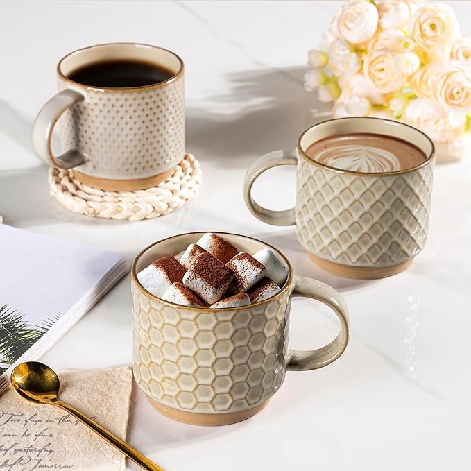 GBhome 12OZ Stackable Coffee Mugs, Ceramic Coffee Mugs with Texture Patterns for Man,Woman,Dad,Mom, Modern Coffee Mugs Set of 4 for Latte/Cappuccino/Cocoa. Dishwasher&Microwave Safe, Pale Khaki