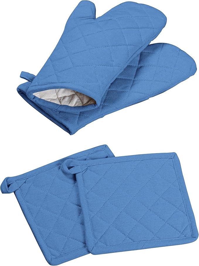Oven Mitt + Pot Holder 100% Cotton Heat Resistant Kitchen Oven Gloves (7"x13") & Hot Pads (8"x8") for Gifts, Chef, Women & Men - Blue