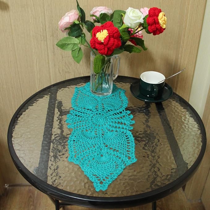 BIBITIME Crochet Lace Table Doilies Eyes Flower Doily Kitchen Vase Place Mats (7 in x 21 in,Pack of 2PCS, Style02-Peacock)