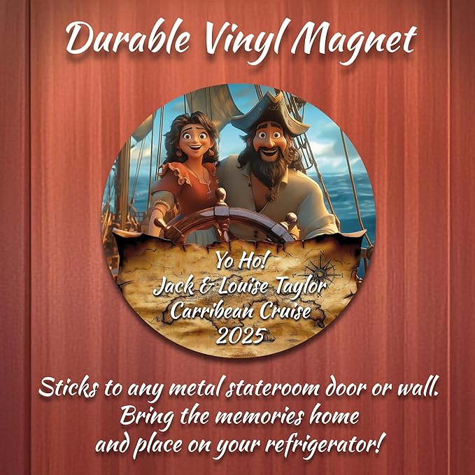 Personalized Pirate Couple Cruise Door Decoration Magnet, Custom Personalized Inscriptions Including Names, Occasions, Dates, Quotes or Anything That captures The Essence of Your Cruise