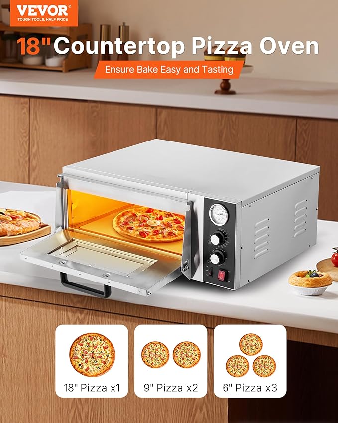 VEVOR Electric Pizza Oven, 18-Inch Commercial Pizza Ovens, 842°F Max Temp, 1740W Large Pizza Oven Countertop with Temp & Time Control, Built in Thermometer Indoor Pizza Maker for Restaurant Home Use