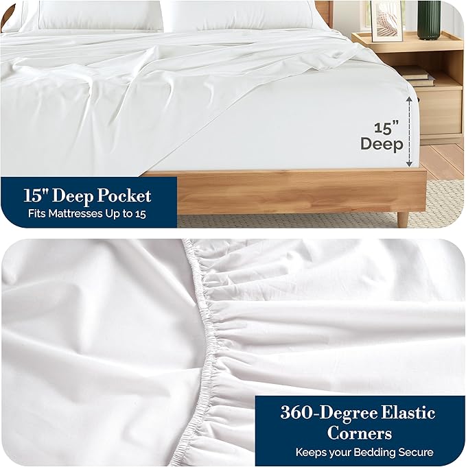 Casa Platino Twin XL Sheets Set –100% Cotton Twin XL Sheets with 2 Pillowcases, Lightweight Feel & Secure Fit, Crisp & Breathable Percale Weave with 15" Deep Pocket, Soft and Cozy – Pure White