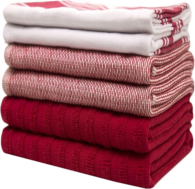 Premium Kitchen Towels (20”x 28”, 6 Pack) | Large Cotton Dish Towels | Flat & Terry Highly Absorbent Kitchen Linen Set with Hanging Loop | Wide Stripe Red