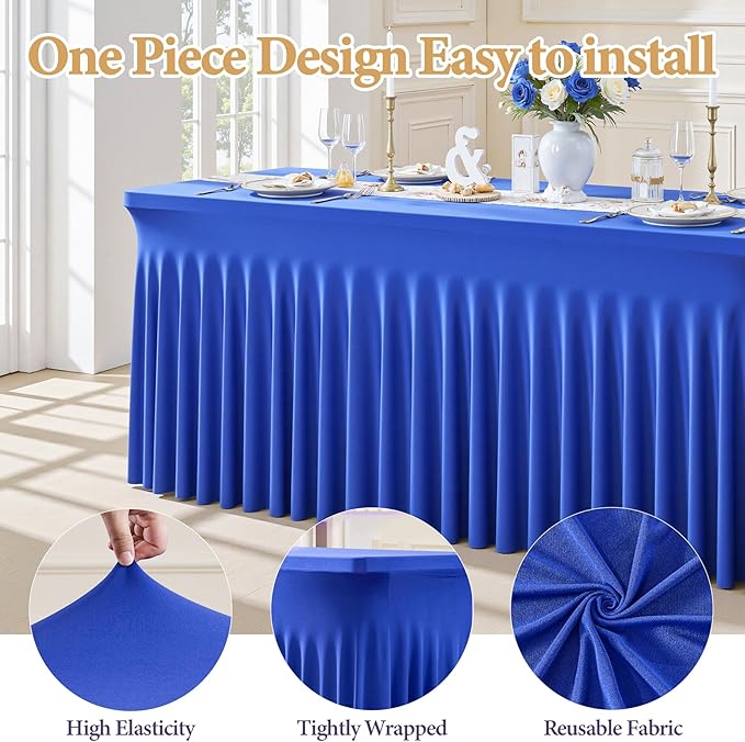 2 Packs Royal Blue Tableclothes for 6 Foot Rectangle Table, Wrinkle Free Spandex Tablecovers 6FT Stretch Fitted Table Cloth with Skirt for Birthday Parties Graduations Event Wedding Banquet