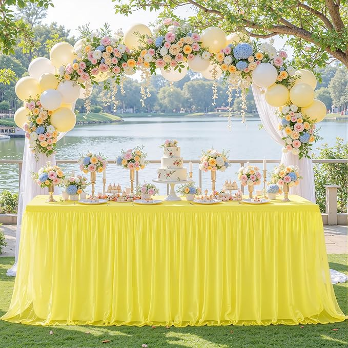 6 Pack Yellow Tulle Tablecloth for 6 Foot Rectangular Tables 6ft Yellow Rectangle Table Cloths Wrinkle Free Table Cover with Tutu Skirt for Birthday Cocktail Banquet Buffet Lemon Fruit Party Decor
