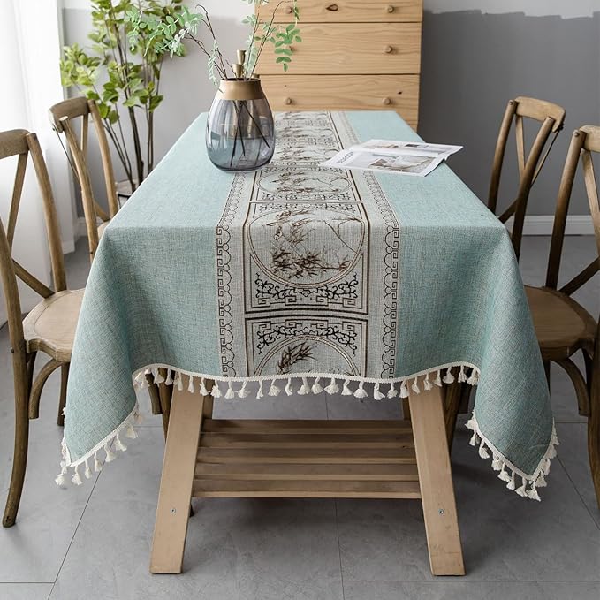 Pahajim Linen Tablecloth Rustic Rectangle Table Cloth Cotton Striped Tassels Tablecloths for Kitchen Dining Table Cover Square,55''x55'', 4 Seats