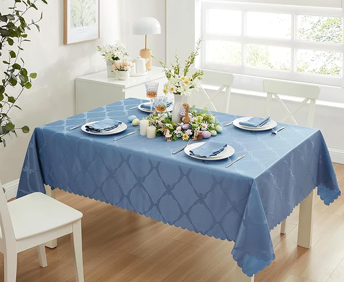 Newbridge Ribbons and Bows Damask Spring & Easter Holiday Fabric Tablecloth, Blue, 60 x 144 Inch Rectangle, Wrinkle & Stain Resistant Table Cover