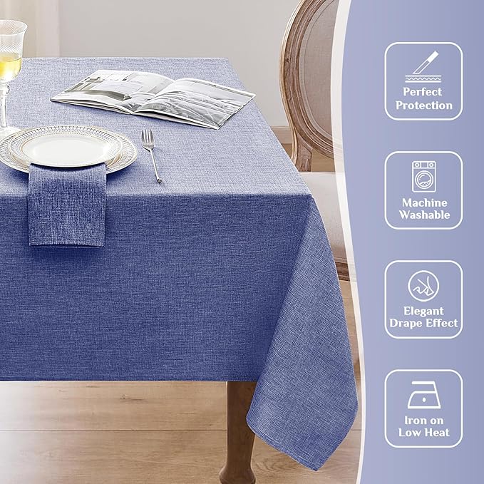 Softalker Large Blue Tablecloth Rectangular 104 x 60 Inch Linen Textured Outdoor Table cloth Stain and Wrinkle Resistant Table Cover for Spring,Easter,Summer,Party,Garden,Coffee Vintage Decor Tabletop