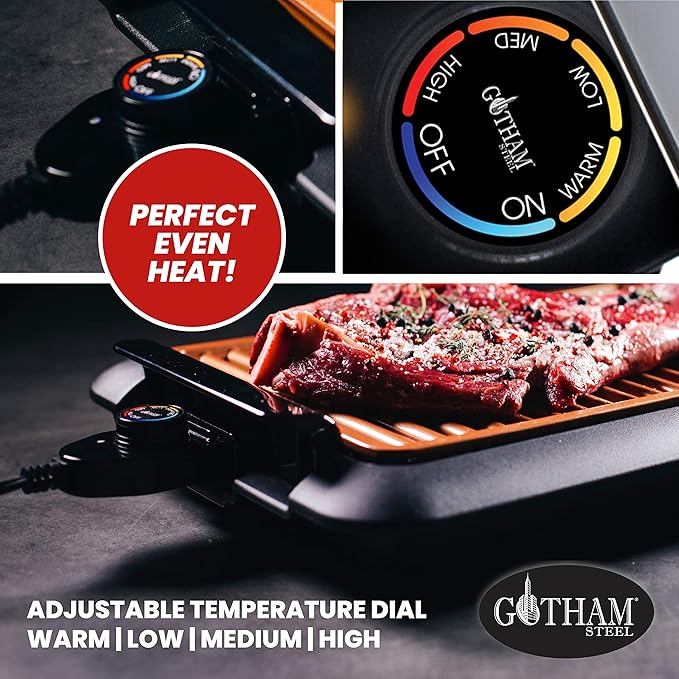 Gotham Steel Smokeless Indoor Grill with Ceramic Coating & Adjustable Heating, Electric Removable Grill/Griddle Plate, Nonstick, Healthy & Toxin Free