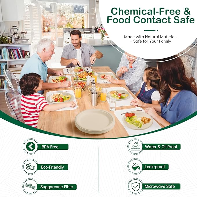 7 Inch 128 Pack Compostable Disposable Paper Plates, Heavy Duty Sugarcane Bagasse Plates, Biodegradable Eco-Friendly for Snacks & Parties, Unbleached Natural