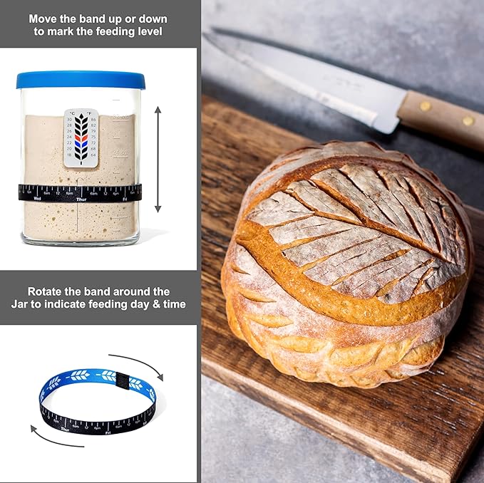 Premium Sourdough Starter Jar - 40oz Large Sourdough Jar with Marked Feeding Band, Thermometer, Scraper, Cloth Cover and Silicone Lid/Base, Wide Mouth Starter Kit - Blue