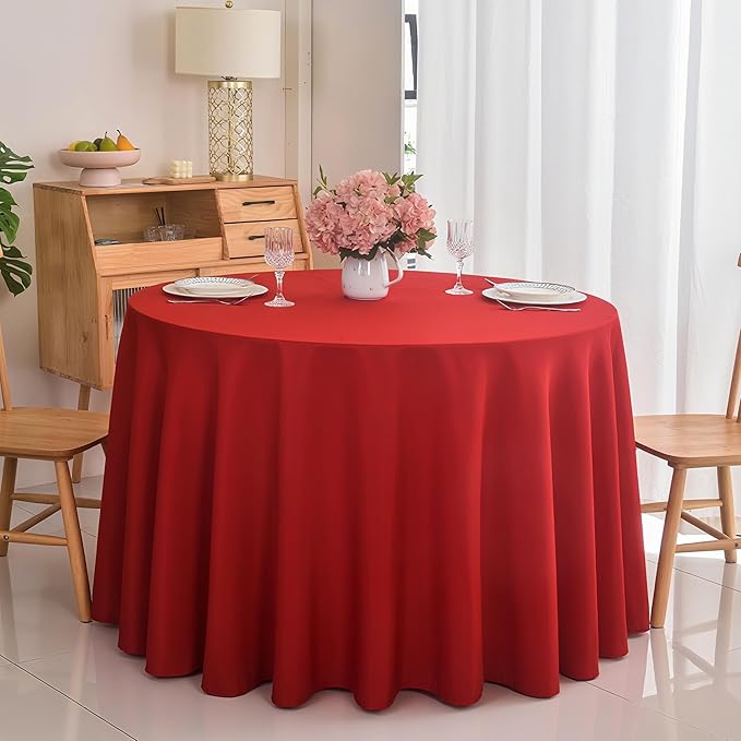 2-Pack Round 90-inch Red Table Cloths, Solid Stain and Wrinkle Resistant Circular Tablecloth, Premium Plain Weave Polyester Fabric Table Linen Covers for Hotel, Banquet