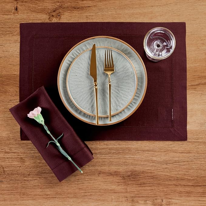 Solino Home Linen Cloth Placemats Set of 4 - 100% Pure Linen Hemstitch Burgundy Placemats 14 x 19 Inch - Classic Hemstitch Table Place Mats for Winter, Valentines