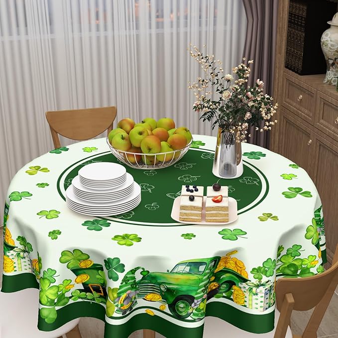 St Patricks Day Round Tablecloth 70 Inch Green St Patrick's Day Shamrocks Gnome Truck Table Cloth Spring Holiday Table Cover for Party Kitchen Dinner Home Decor