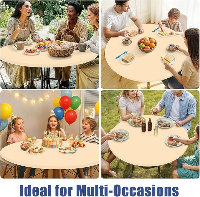 Round Spandex Tablecloth, Elastic Fitted Waterproof Tablecloths for 42"-50" Tables, Stretch Washable Picnic Table Cover for Camping, Dining, Indoor and Outdoor,Ivory