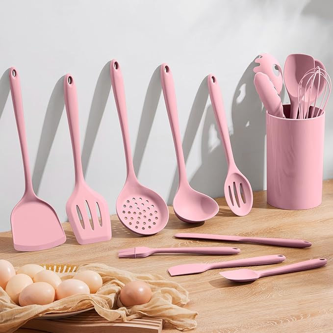 Homikit 15-Piece Kitchen Utensil Set, Silicone Cooking Utensils Spatula Set with Holder for Nonstick Cookware, Heat Resistant Kitchen Tools Gadgets for Cooking and Baking-Pink